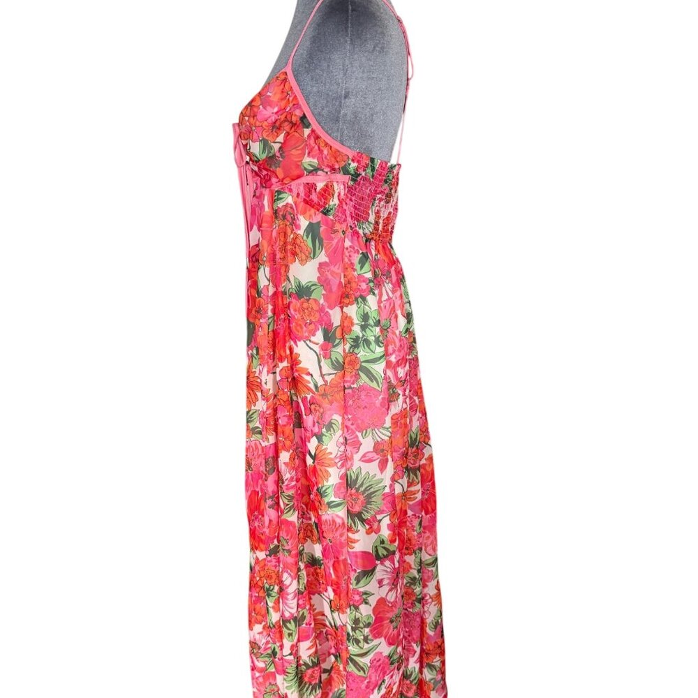 Pink Floral Sleeveless Midi Dress With Adjustable Tie Front & Smocked Back - Picture 2 of 5